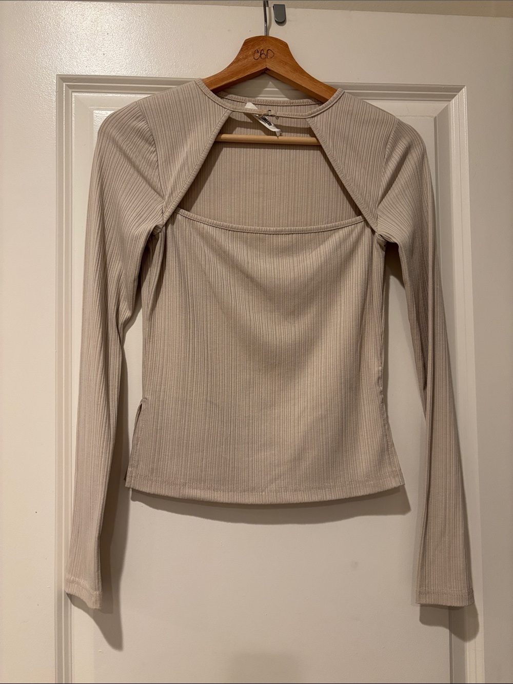 Ribbed Long-Sleeve Cutout Top - Beige
